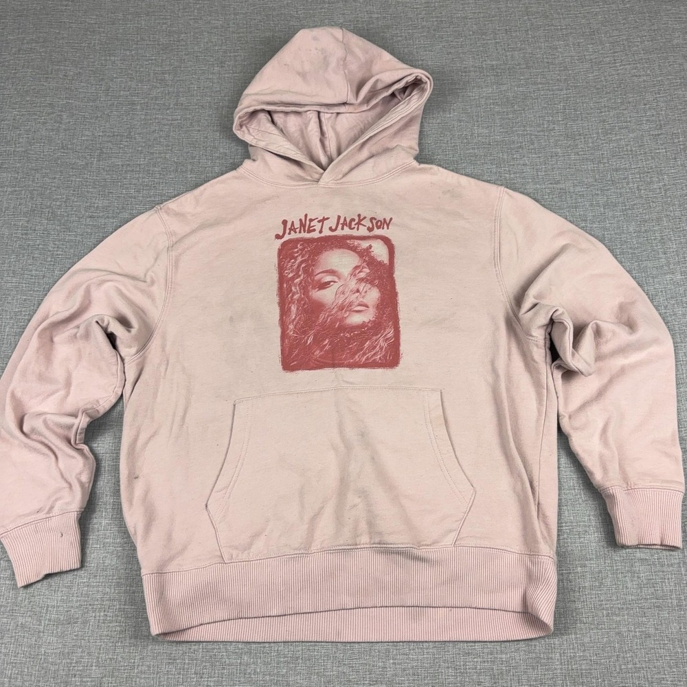 Janet Jackson Hoodie Sweatshirt Mens Medium Pink Graphic Fleece Pullover Music